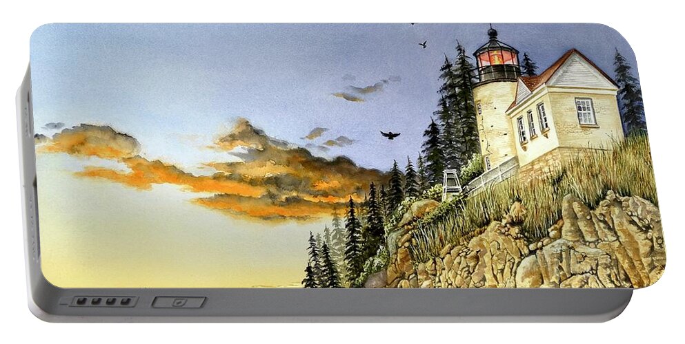 Lighthouse Portable Battery Charger featuring the painting Fading Light by Jeanette Ferguson