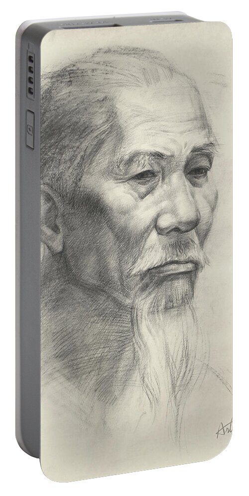 Beard Portable Battery Charger featuring the painting Bearded old man's head portrait-ArtToPan drawing-portrait realistic carbon pencil sketch by Artto Pan
