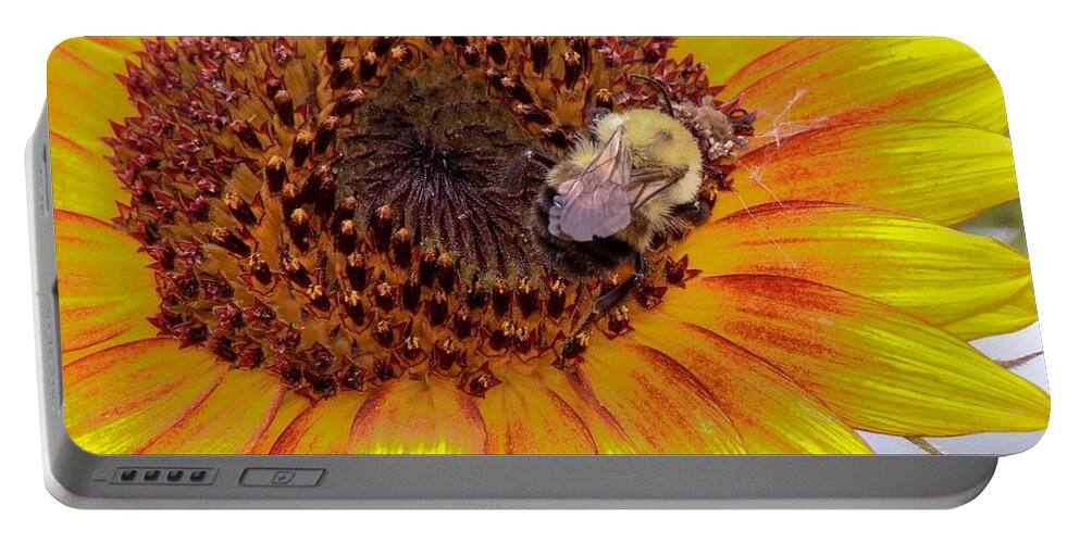 Sunflower Portable Battery Charger featuring the photograph Bee on a Sunflower by Susan Rydberg