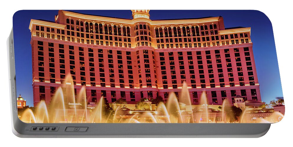 Bellagio Portable Battery Charger featuring the photograph Bellagio Fountains Arches at Dusk by Aloha Art