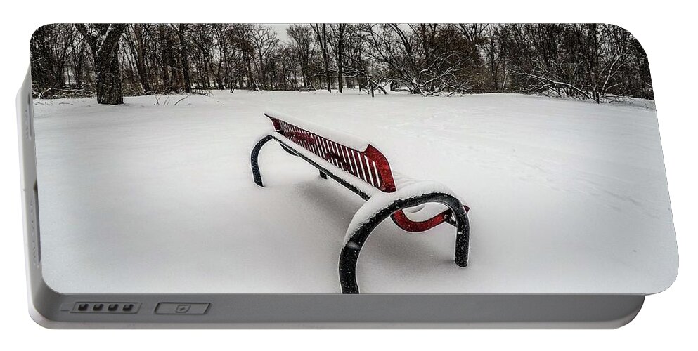 Rochester Portable Battery Charger featuring the digital art Bench in the Snow G0853398 by Michael Thomas