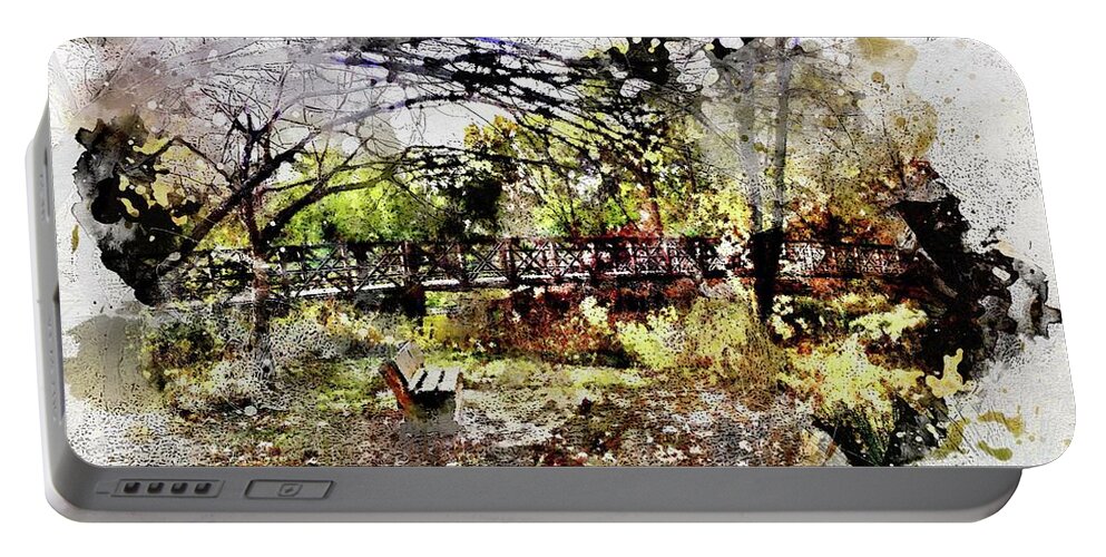 Rochester Portable Battery Charger featuring the digital art Bench on the River Watercolor by Michael Thomas
