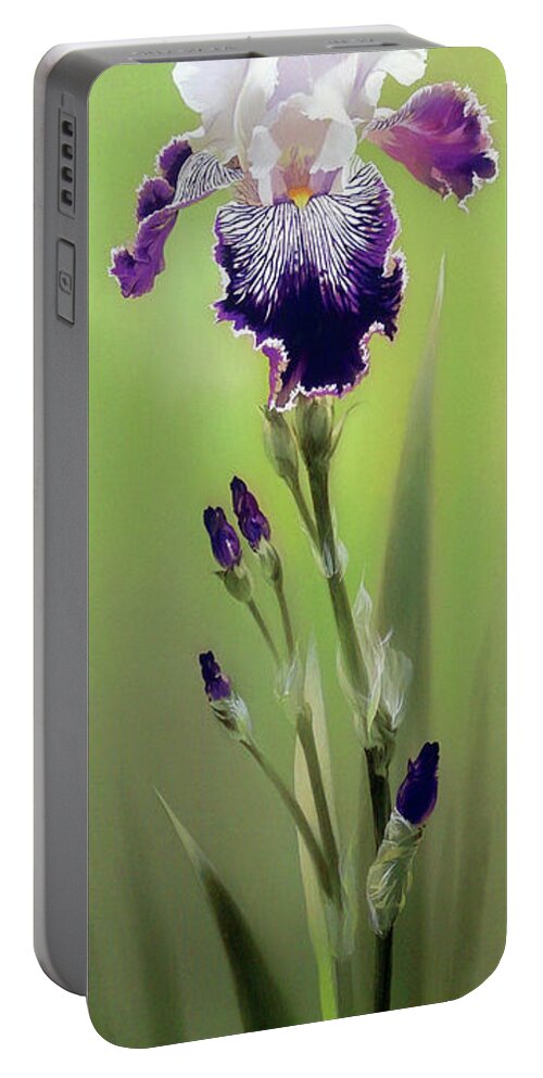 Russian Artists New Wave Portable Battery Charger featuring the painting Bi-colored Iris Flower by Alina Oseeva