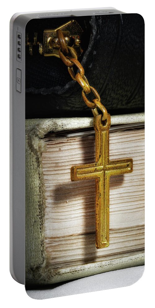Bible Portable Battery Charger featuring the photograph Bibles with Cross by Tom Mc Nemar