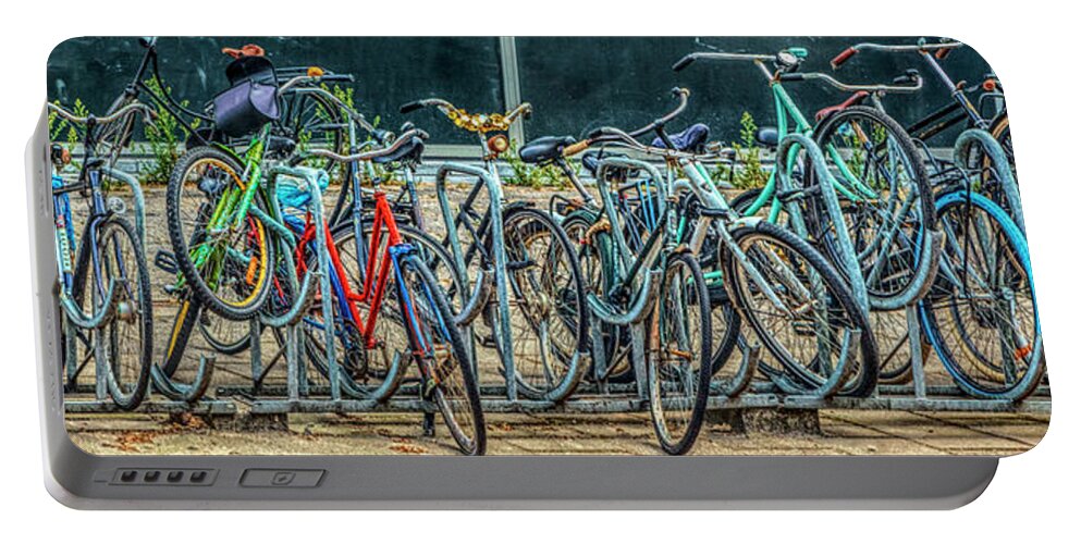 Hdr Portable Battery Charger featuring the photograph Bicycles in Amsterdam by Debra and Dave Vanderlaan