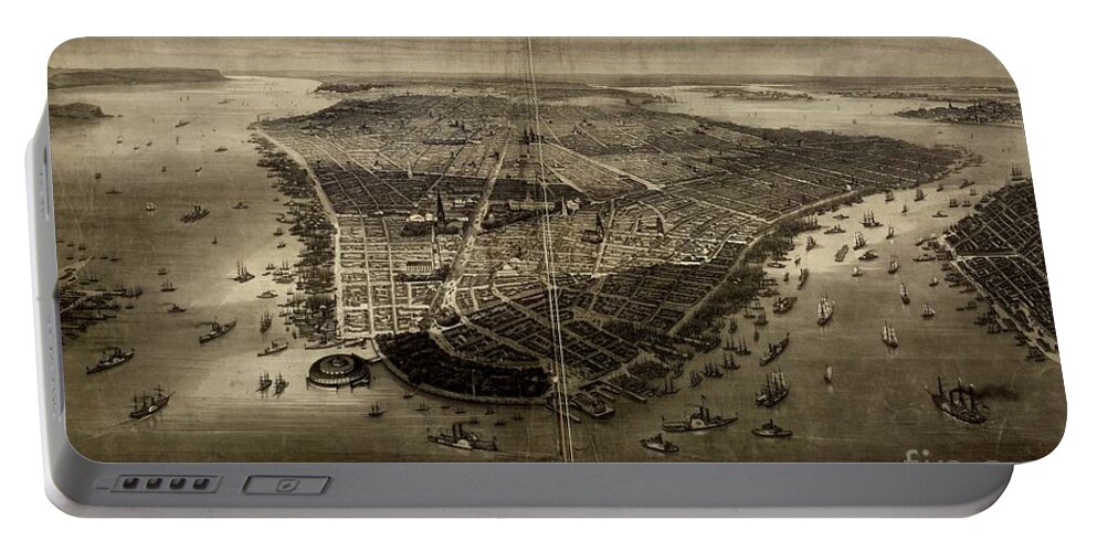  Portable Battery Charger featuring the drawing Bird's-eye view of New York City 1851 by Flavia Westerwelle
