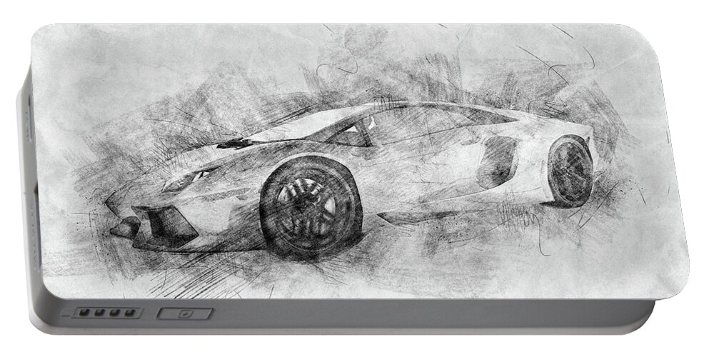 Car Portable Battery Charger featuring the photograph Black and white drawing of sports car. by Michal Bednarek