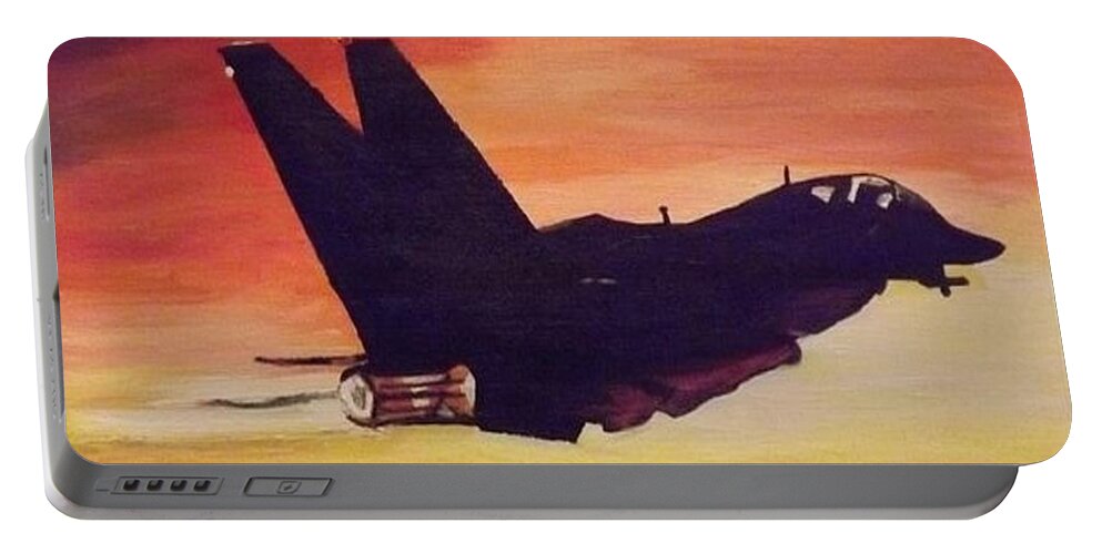 Skyscape Portable Battery Charger featuring the painting Black Bomber Jet by Denise Morgan