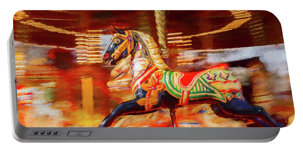 Amusement Portable Battery Charger featuring the digital art Black Carousel Horse Painting by Rick Deacon
