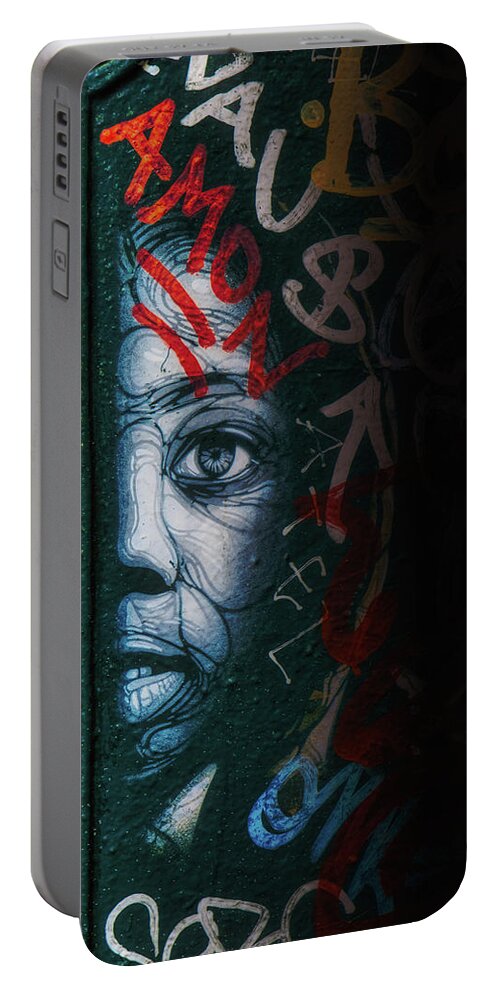 Face Portable Battery Charger featuring the digital art Black Orange by Micah Offman