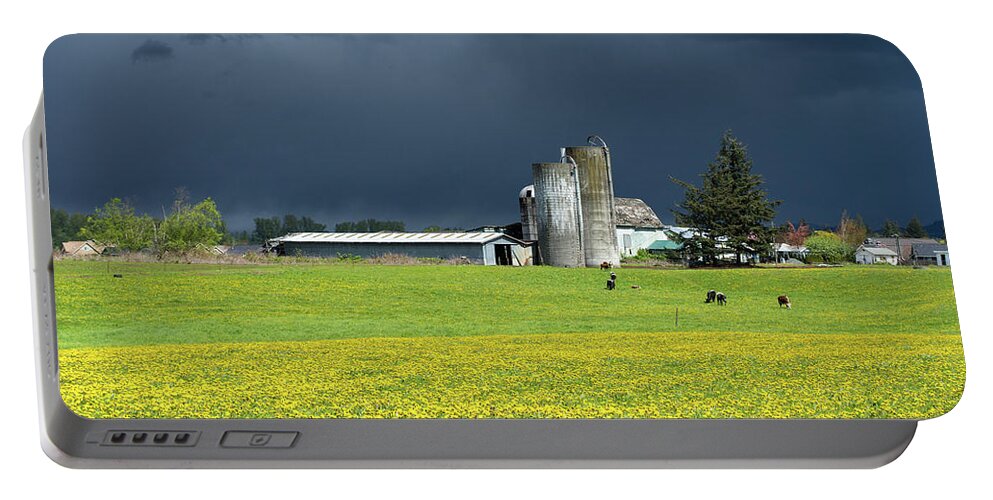 Black Sky Yellow Dandelions Milk Cows Portable Battery Charger featuring the photograph Black Sky Yellow Dandelions Milk Cows by Tom Cochran