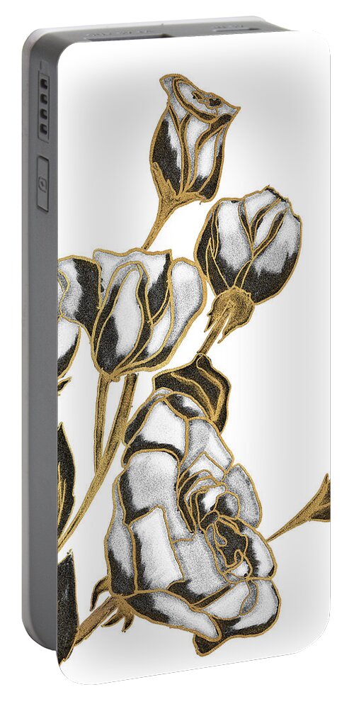 Gold Portable Battery Charger featuring the mixed media Black, White And Gold Roses by Kali Wilson