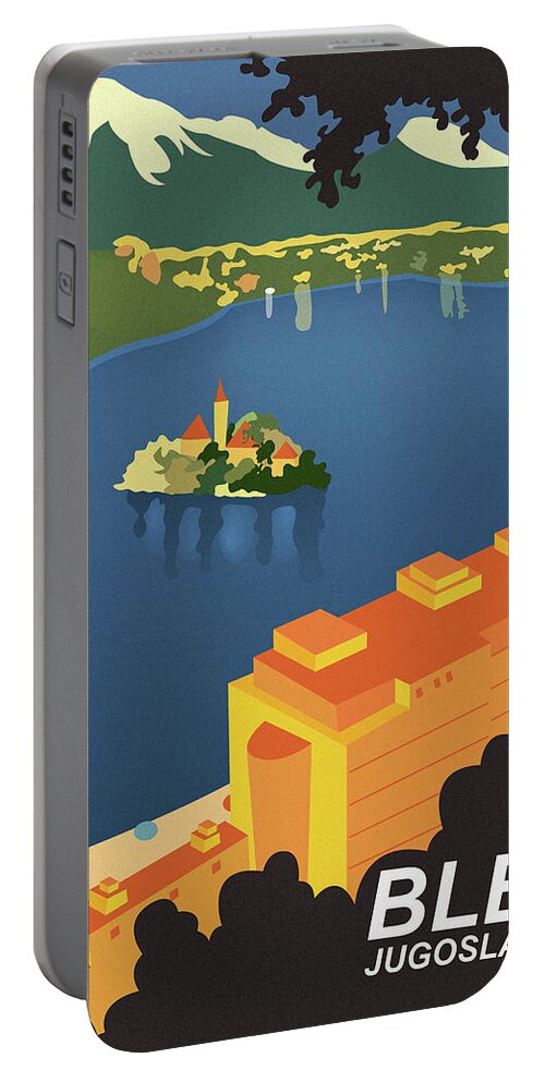 Aerial Portable Battery Charger featuring the digital art Bled lake by Long Shot