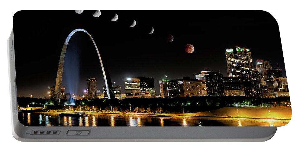 Arch Waterfront Portable Battery Charger featuring the photograph Blood Moon over St. Louis 2 by Randall Allen