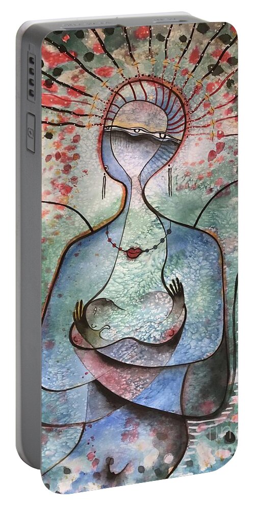 #blueangelwithchild #angel #icon #icons #symbolicart #religiousart #blueangel #watercolor #celestialart #cosmic #cosmicart #universe #angels #glenneff #thesoundpoetsmusic #picturerockstudio Www.glenneff.com Portable Battery Charger featuring the painting Blue Angel with Child by Glen Neff