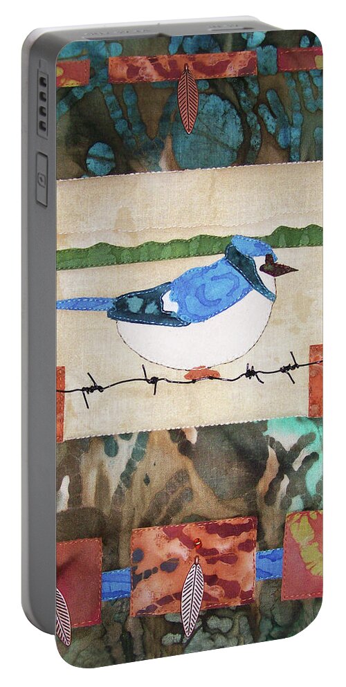 Art Quilt Portable Battery Charger featuring the tapestry - textile Blue Bird by Pam Geisel