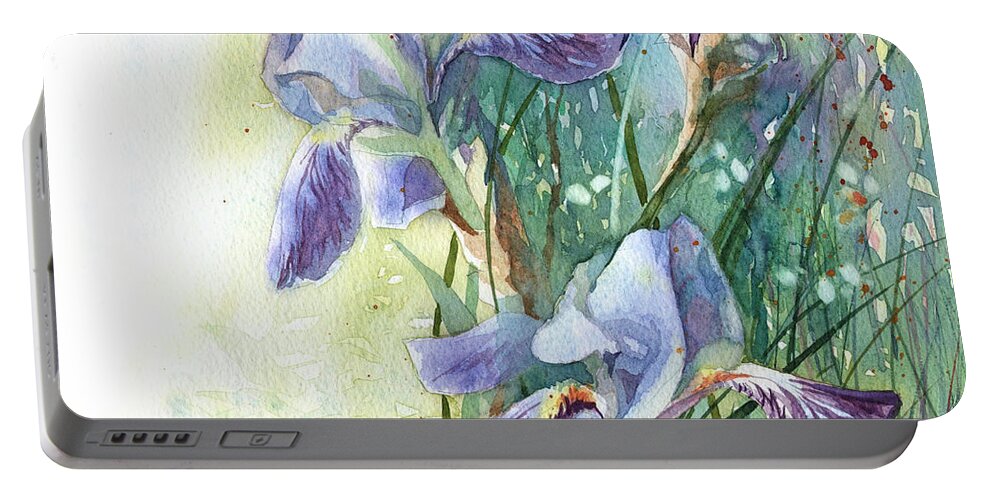 Russian Artists New Wave Portable Battery Charger featuring the painting Blue Irises Fairytale by Ina Petrashkevich