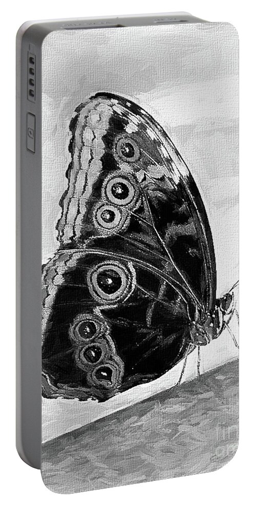Mona Stut Portable Battery Charger featuring the digital art Blue Morpho Butterfly BW by Mona Stut