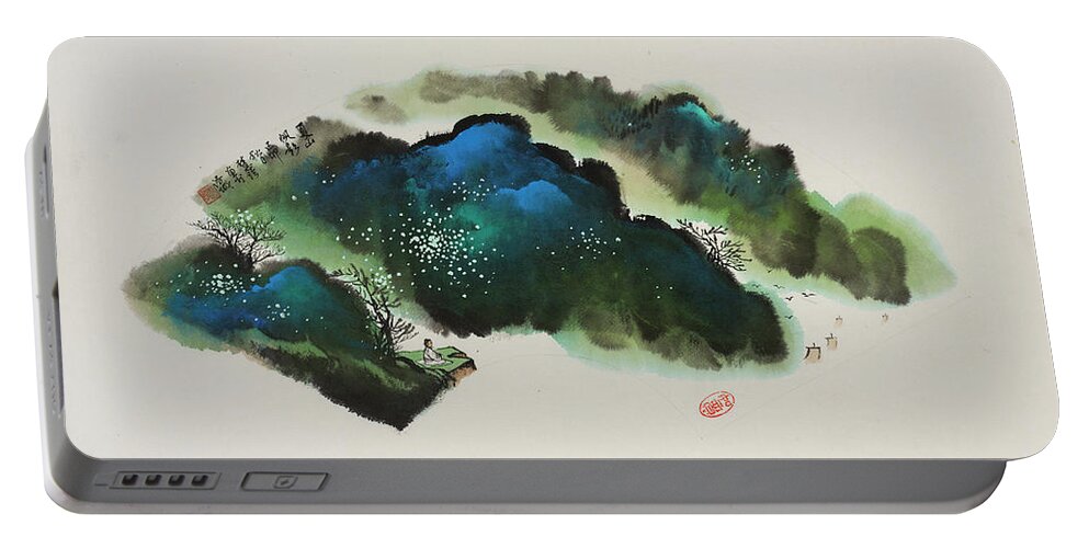 Chinese Watercolor Portable Battery Charger featuring the painting Morning Fog Along the Coast by Jenny Sanders