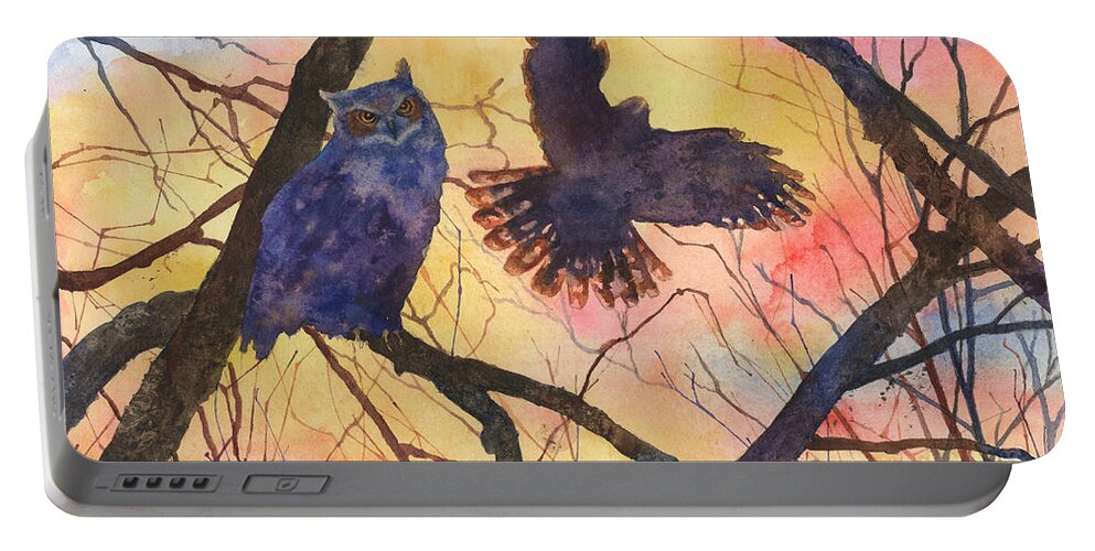 Owl Painting Portable Battery Charger featuring the painting Blue Owl by Anne Gifford