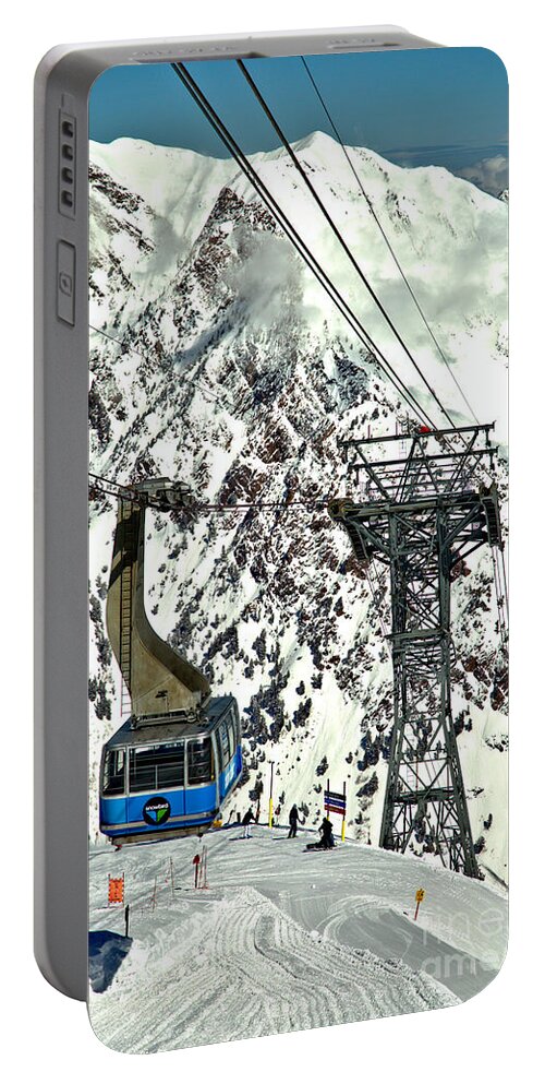 Snowbird Portable Battery Charger featuring the photograph Blue Snowbird Tram Car Portrait by Adam Jewell