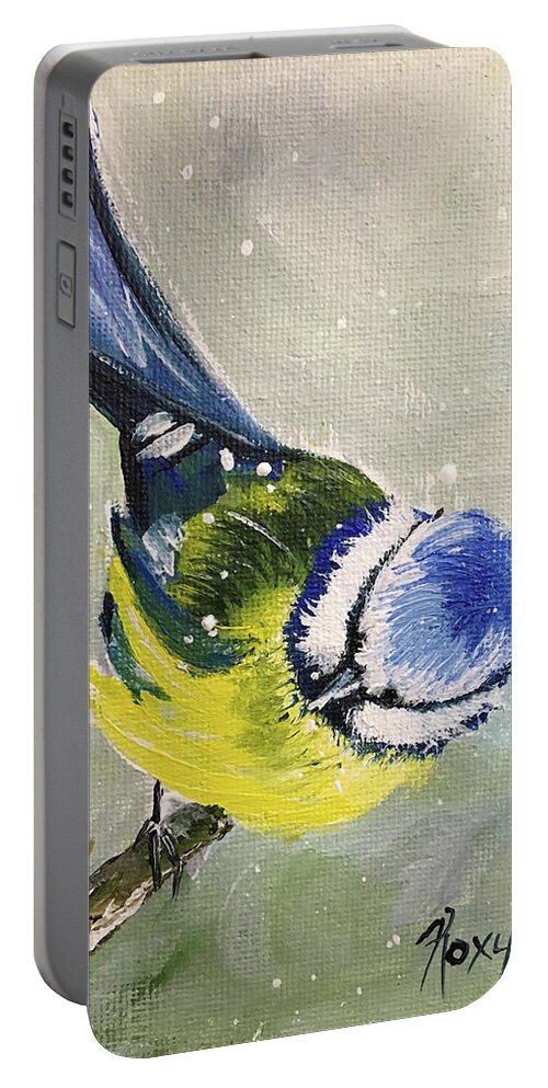 Bird Portable Battery Charger featuring the painting Blue Tit in Snow by Roxy Rich