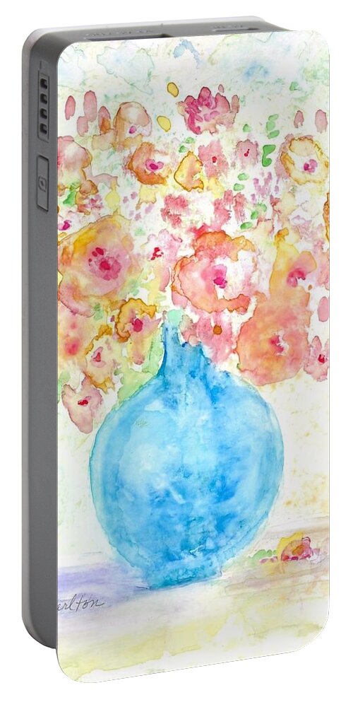 Blue Portable Battery Charger featuring the painting Blue Vase with Flowers by Claudette Carlton