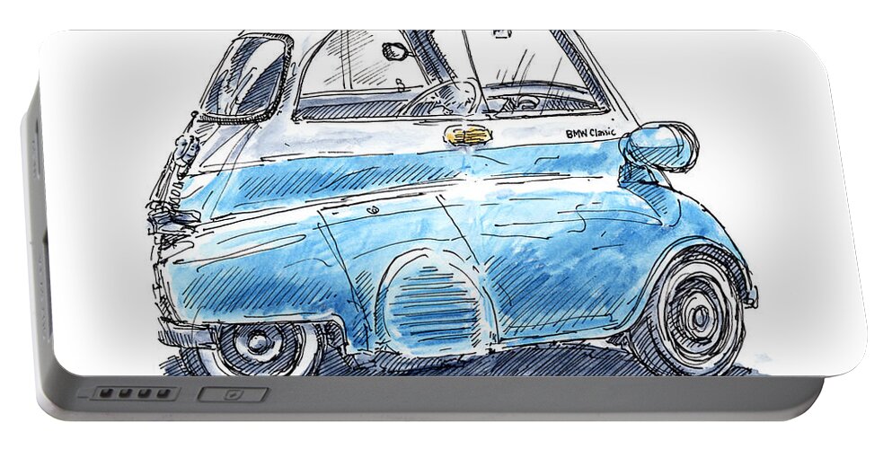 Classic Portable Battery Charger featuring the drawing BMW Isetta Classic Car Ink Drawing and Watercolor by Frank Ramspott