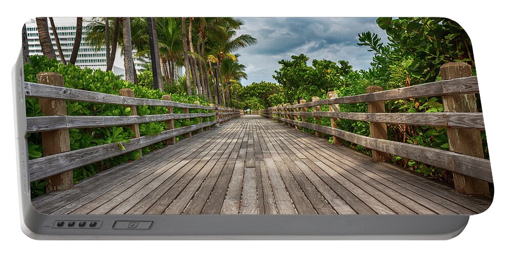 Boardwalk Portable Battery Charger featuring the photograph Boardwalk in Miami Beach by Alison Frank