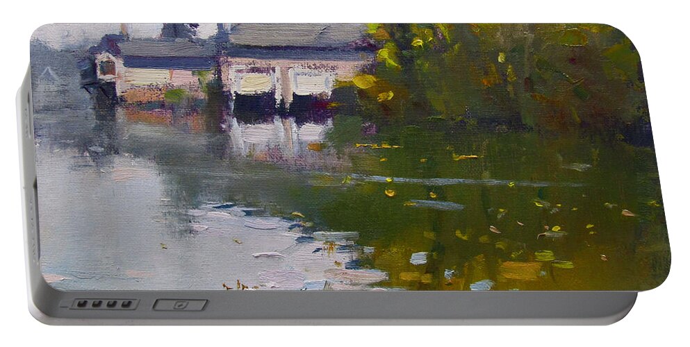 Boathouses Portable Battery Charger featuring the painting Boathouses in Fall by Ylli Haruni