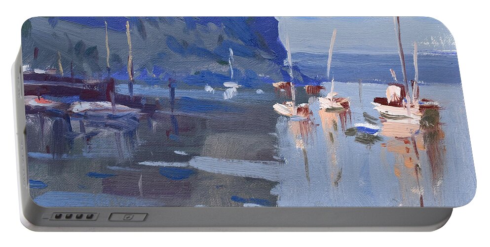 Boats Portable Battery Charger featuring the painting Boats at Hudson River in Rockland County by Ylli Haruni