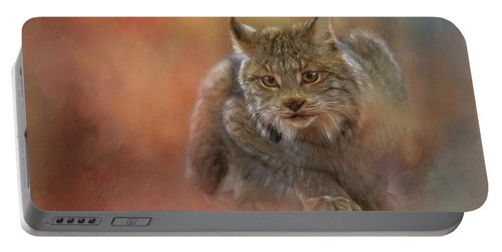 Bobcat Portable Battery Charger featuring the painting Bobcat Pounce by Jeanette Mahoney