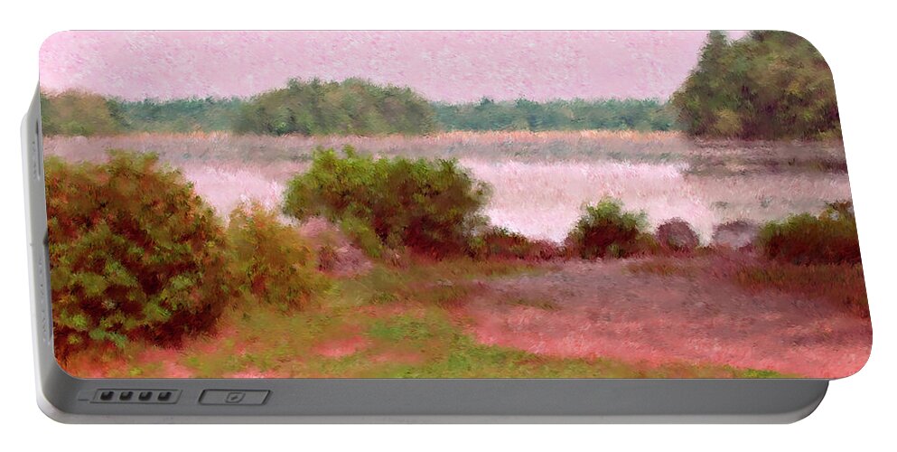Impressionist Portable Battery Charger featuring the painting Borderland Pond With Monet's Palette by Bill McEntee