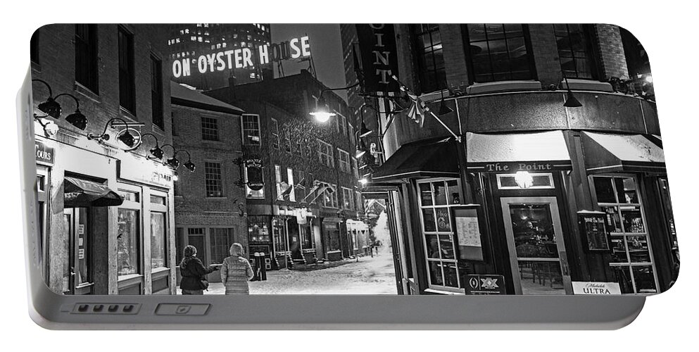 Boston Portable Battery Charger featuring the photograph Boston Marshall Street Snowy Street Winter Black and White by Toby McGuire