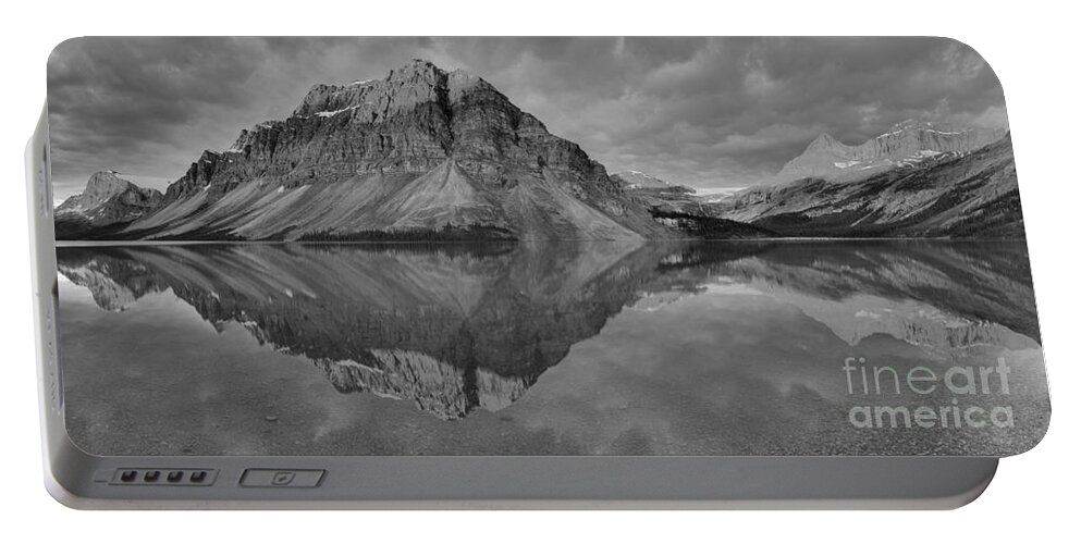 Bow Lake Portable Battery Charger featuring the photograph Bow Lake Summer Sunrise Reflections Black And White by Adam Jewell