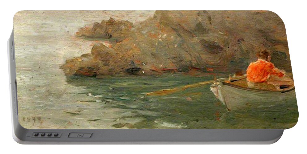 Henry Scott Tuke Portable Battery Charger featuring the painting Boy Rowing Out From a Rocky Shore by Henry Scott Tuke