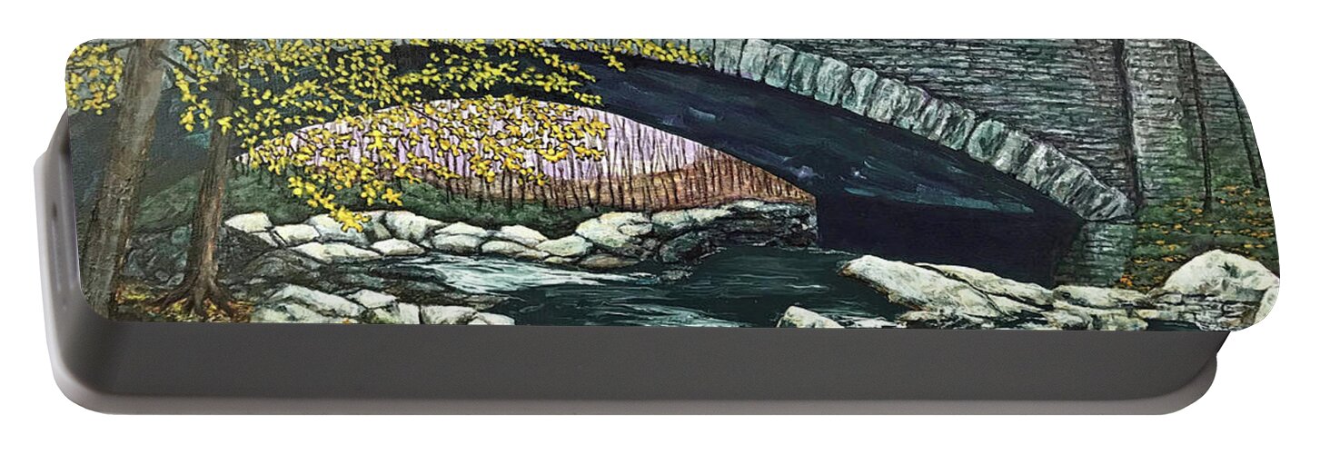Landscape Portable Battery Charger featuring the painting Bridge and Stream by Mr Dill