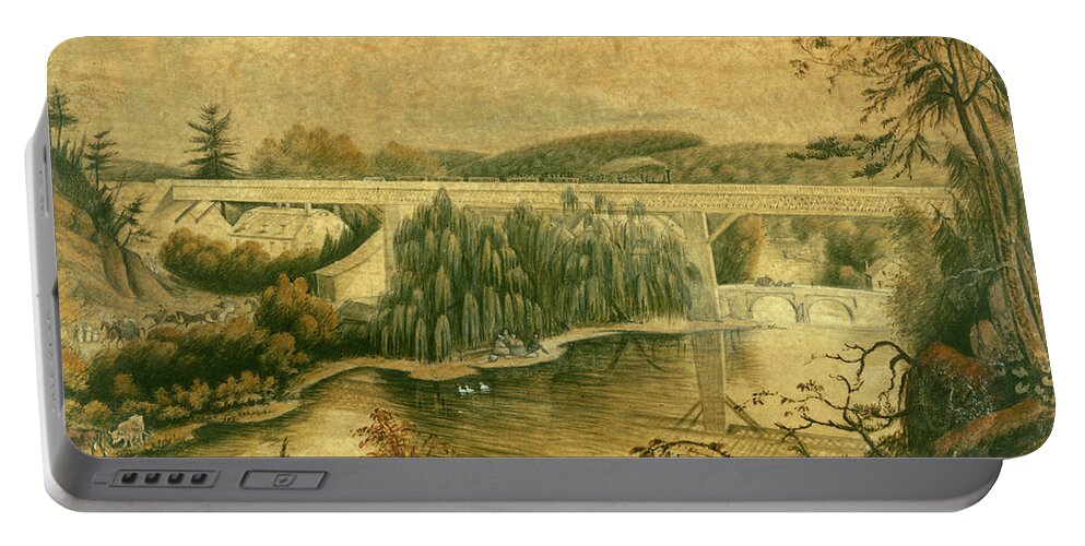 Bridge Portable Battery Charger featuring the drawing Bridge over the Wissahickon Creek, about 1835 by William Breton