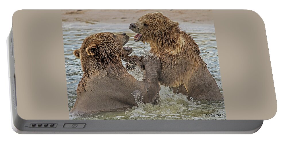 Brown Bears Portable Battery Charger featuring the digital art Brown Bears Fighting by Larry Linton