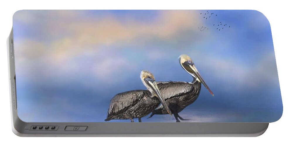 Pelican Portable Battery Charger featuring the photograph Brown Pelicans at the Shore by Kim Hojnacki
