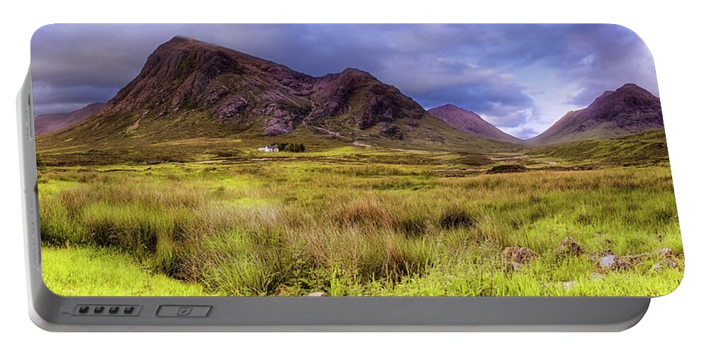 Buachaille Etive Mor Portable Battery Charger featuring the photograph Buachaille Etive Mor Panorama - Lagangarbh Hut - Glencoe Scotland by Jason Politte