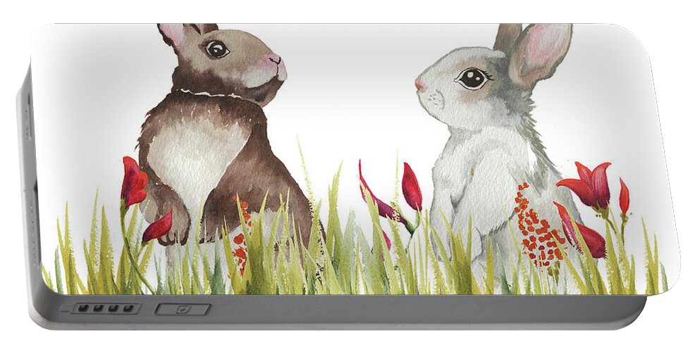 Bunnies Portable Battery Charger featuring the mixed media Bunnies Among The Flowers I by Elizabeth Medley