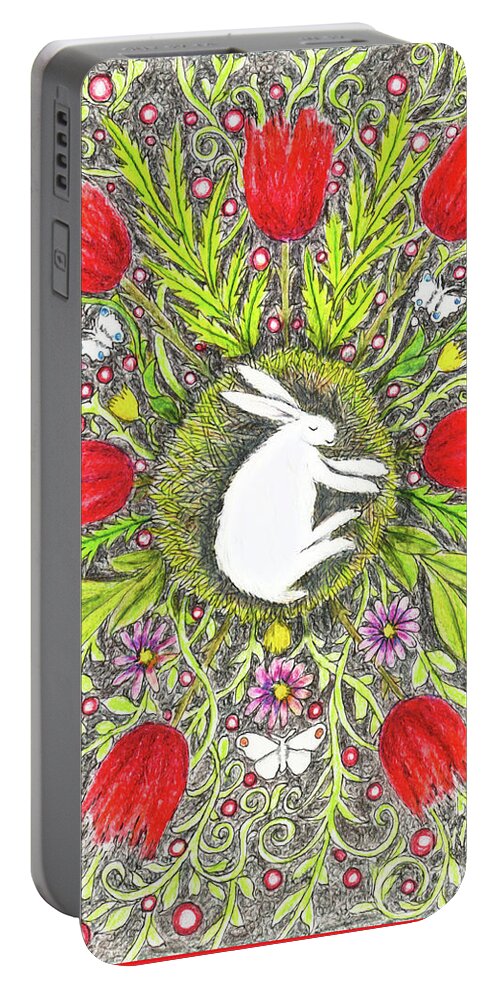 Lise Winne Portable Battery Charger featuring the painting Bunny Nest with Red Flowers and White Butterflies by Lise Winne