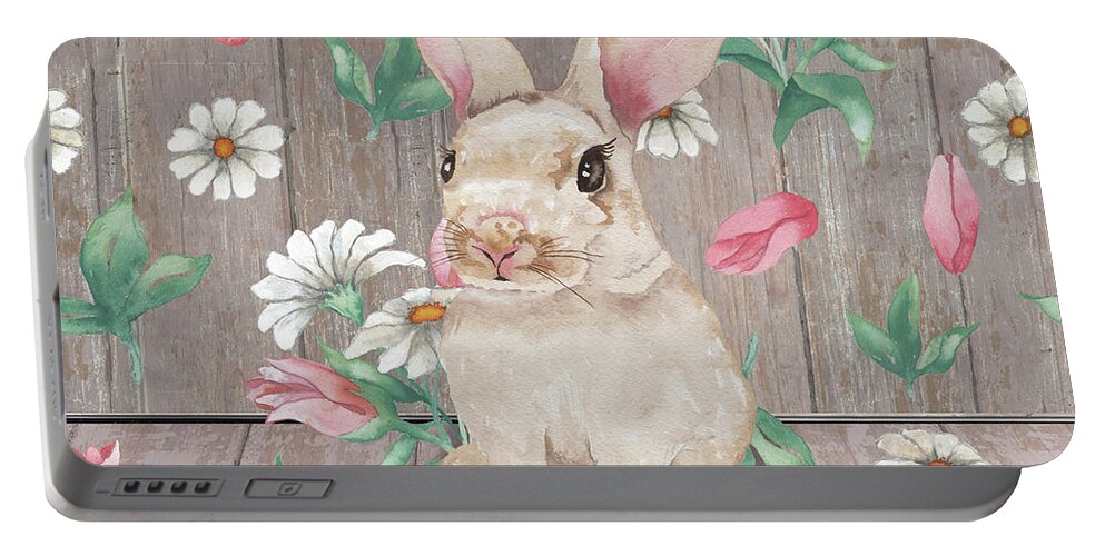 Bunny Portable Battery Charger featuring the mixed media Bunny With Spring Florals by Elizabeth Medley