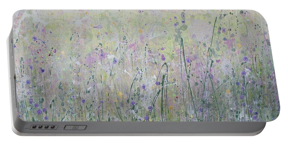 Acrylic Portable Battery Charger featuring the painting Buttercups and Bluebells by Brenda O'Quin