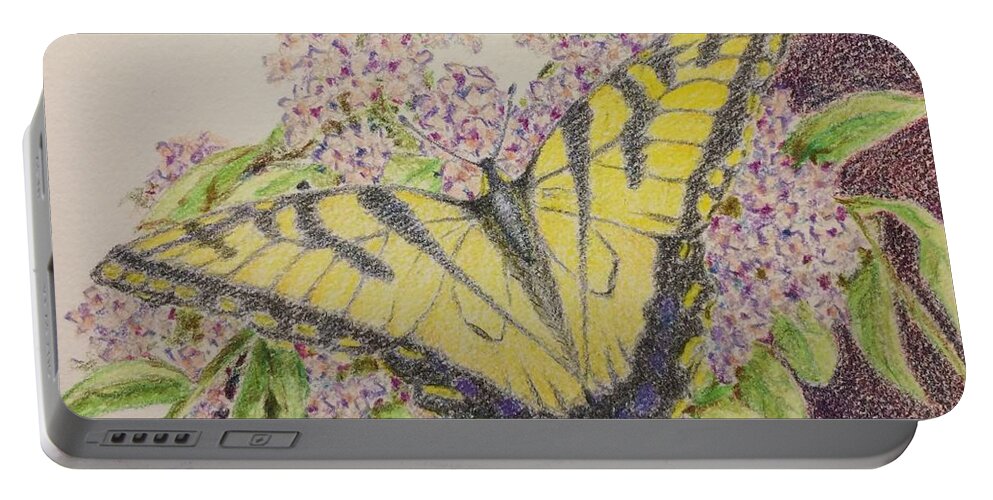 Framed Prints Portable Battery Charger featuring the drawing Butterfly on buddliea blossoms by Milly Tseng