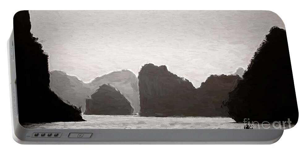 Vietnam Portable Battery Charger featuring the painting BW Artistic Texture Ha Long Bay Vietnam by Chuck Kuhn