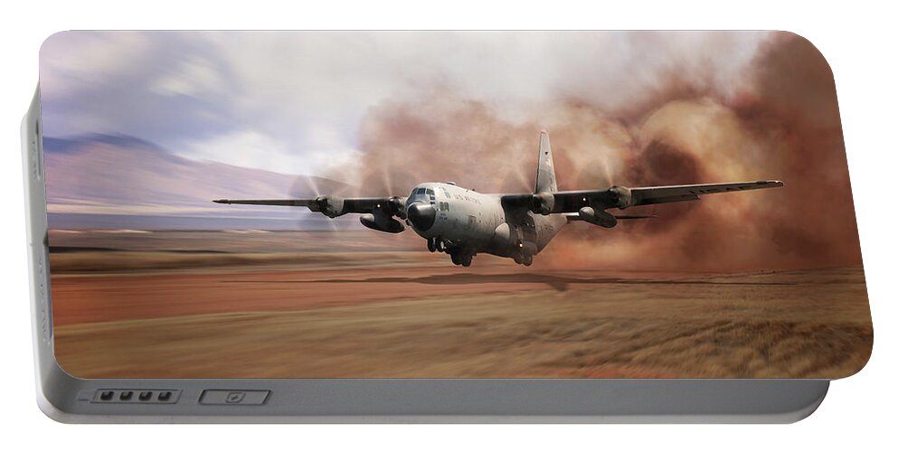 C-130 Hercules Portable Battery Charger featuring the digital art C130 Dirt Strip Landing by Airpower Art