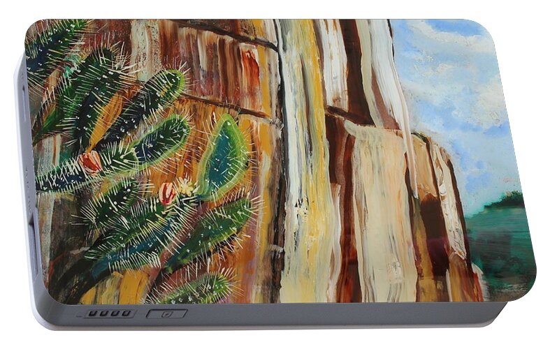 #cactusbloom Portable Battery Charger featuring the painting Cactus Bloom by Sally Tagliere
