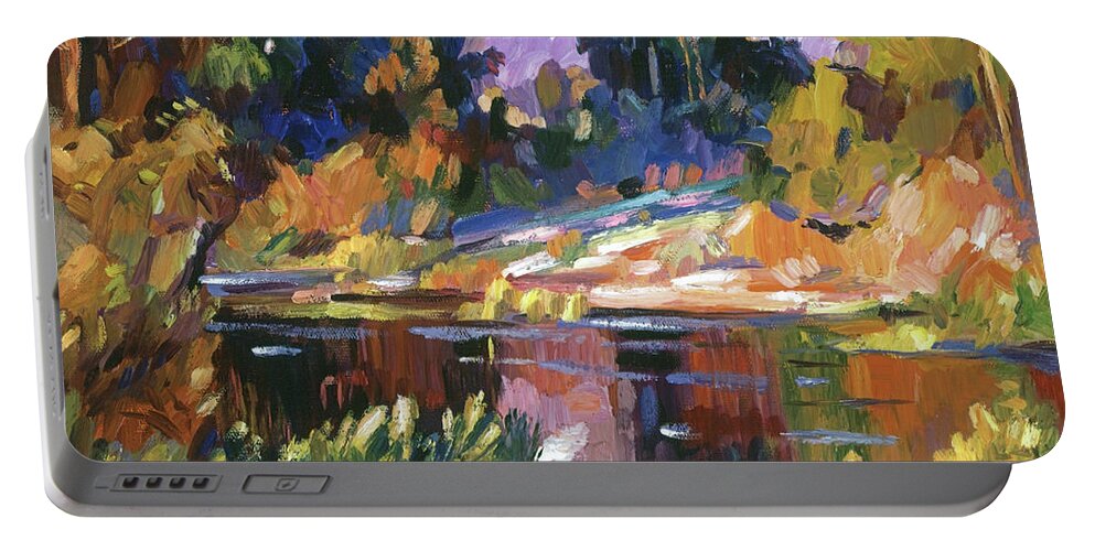 Tress Portable Battery Charger featuring the painting California Eucalyptus At The River by David Lloyd Glover